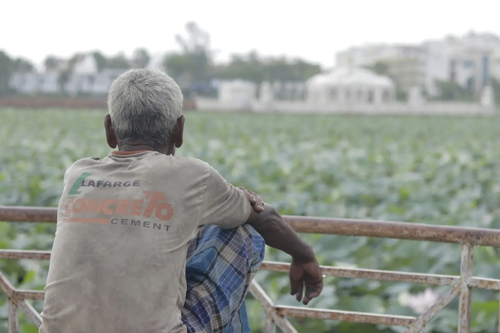 man in gray crew neck t-shirt and blue and white plaid shorts standing on brown